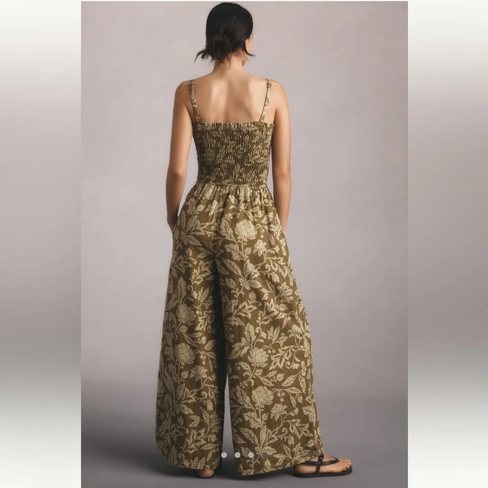 Anthropologie Pilcro Smocked Printed Linen Jumpsuit in Moss - Picture 3 of 9